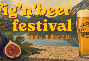 Poster for Fig'n'beer festival with golden text over a mountain lake backdrop, featuring figs on the left and a beer glass on the right.